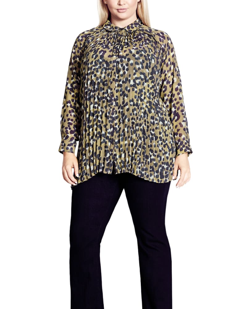 Front of a model wearing a size 16 SHIRT TERESA PLEAT in Wild Beauty by Arna York. | dia_product_style_image_id:302752